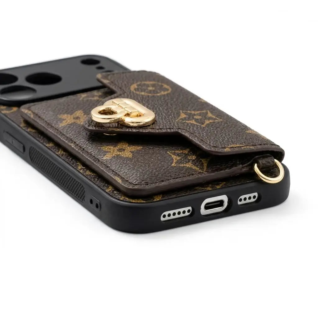Chic Luxury Phone Wallet Case for iPhone 17 Pro Max - Stylish Brown Bear Keychain & Convenient Shoulder Strap for Fashion-Forward Women