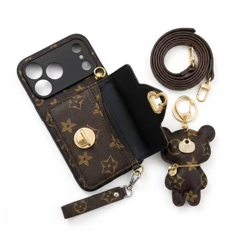 Chic Luxury Phone Wallet Case for iPhone 17 Pro Max - Stylish Brown Bear Keychain & Convenient Shoulder Strap for Fashion-Forward Women