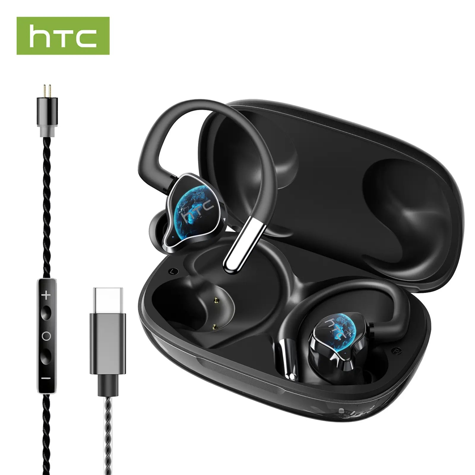 HTC NE81 3-In-1 Bluetooth Earphones: In-Ear & Ear-Hook Wireless Headset with Wired Voice Control for Singing and Live Streaming, Voice Changer, and Hi-Fi Sound Quality, Lightweight and Portable Design