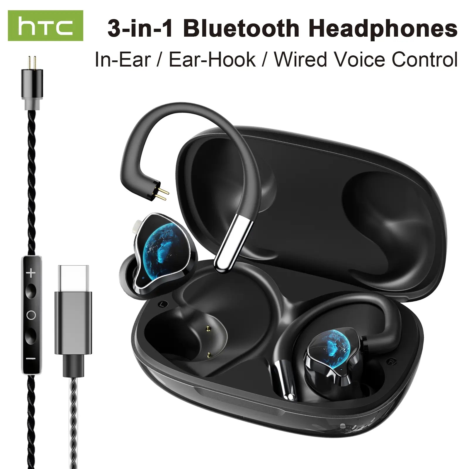 HTC NE81 3-In-1 Bluetooth Earphones: In-Ear & Ear-Hook Wireless Headset with Wired Voice Control for Singing and Live Streaming, Voice Changer, and Hi-Fi Sound Quality, Lightweight and Portable Design