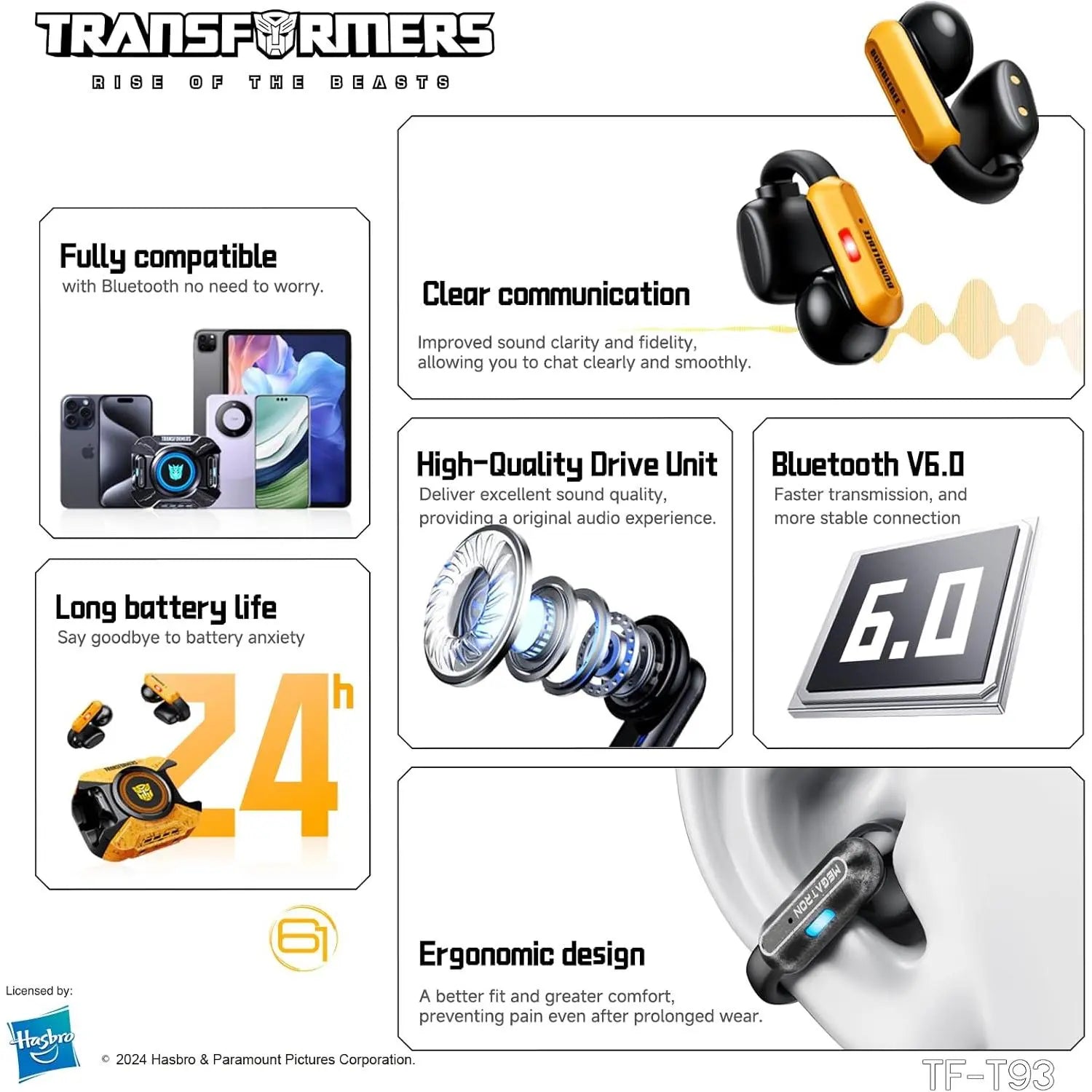Bumblebee Wireless Earbuds with Active Noise Cancellation, Long Battery Life, and Foldable Design for Gaming and Sports Use