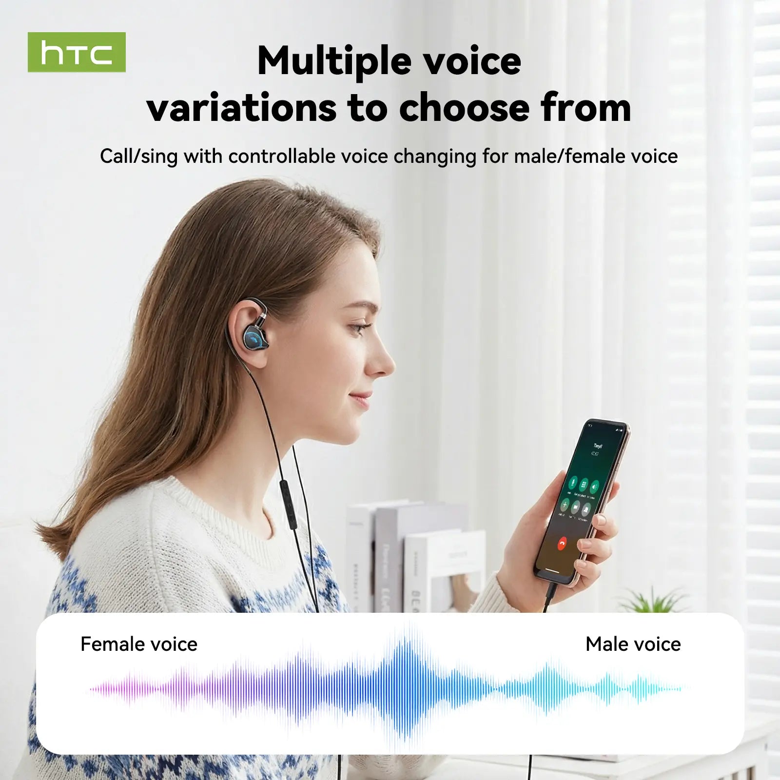 HTC NE81 3-In-1 Bluetooth Earphones: In-Ear & Ear-Hook Wireless Headset with Wired Voice Control for Singing and Live Streaming, Voice Changer, and Hi-Fi Sound Quality, Lightweight and Portable Design