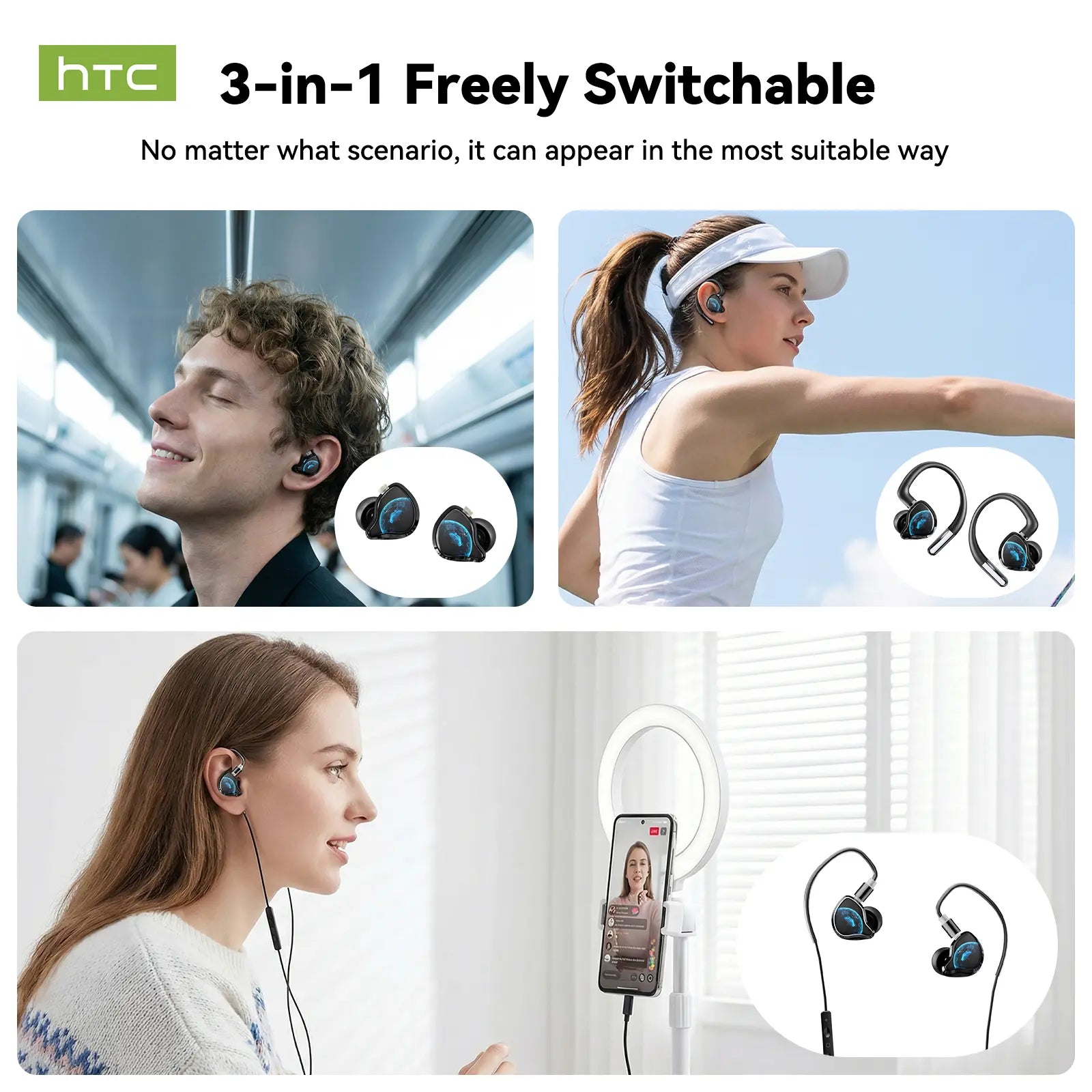 HTC NE81 3-In-1 Bluetooth Earphones: In-Ear & Ear-Hook Wireless Headset with Wired Voice Control for Singing and Live Streaming, Voice Changer, and Hi-Fi Sound Quality, Lightweight and Portable Design