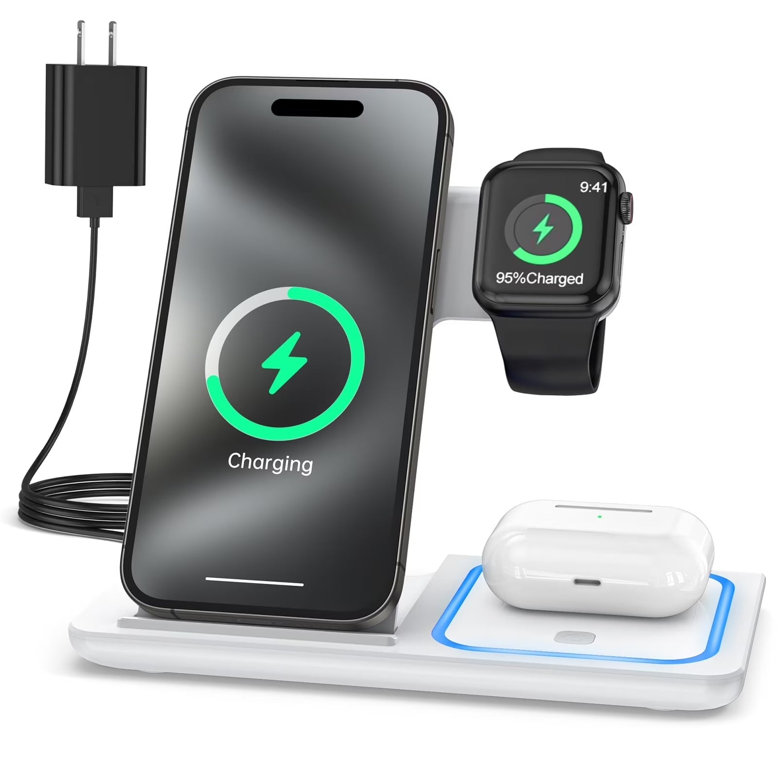 Revolutionary 3-in-1 Wireless Charging Station with Smart Breathing Indicator - Fast Charging Dock for iPhone, Apple Watch, and AirPods