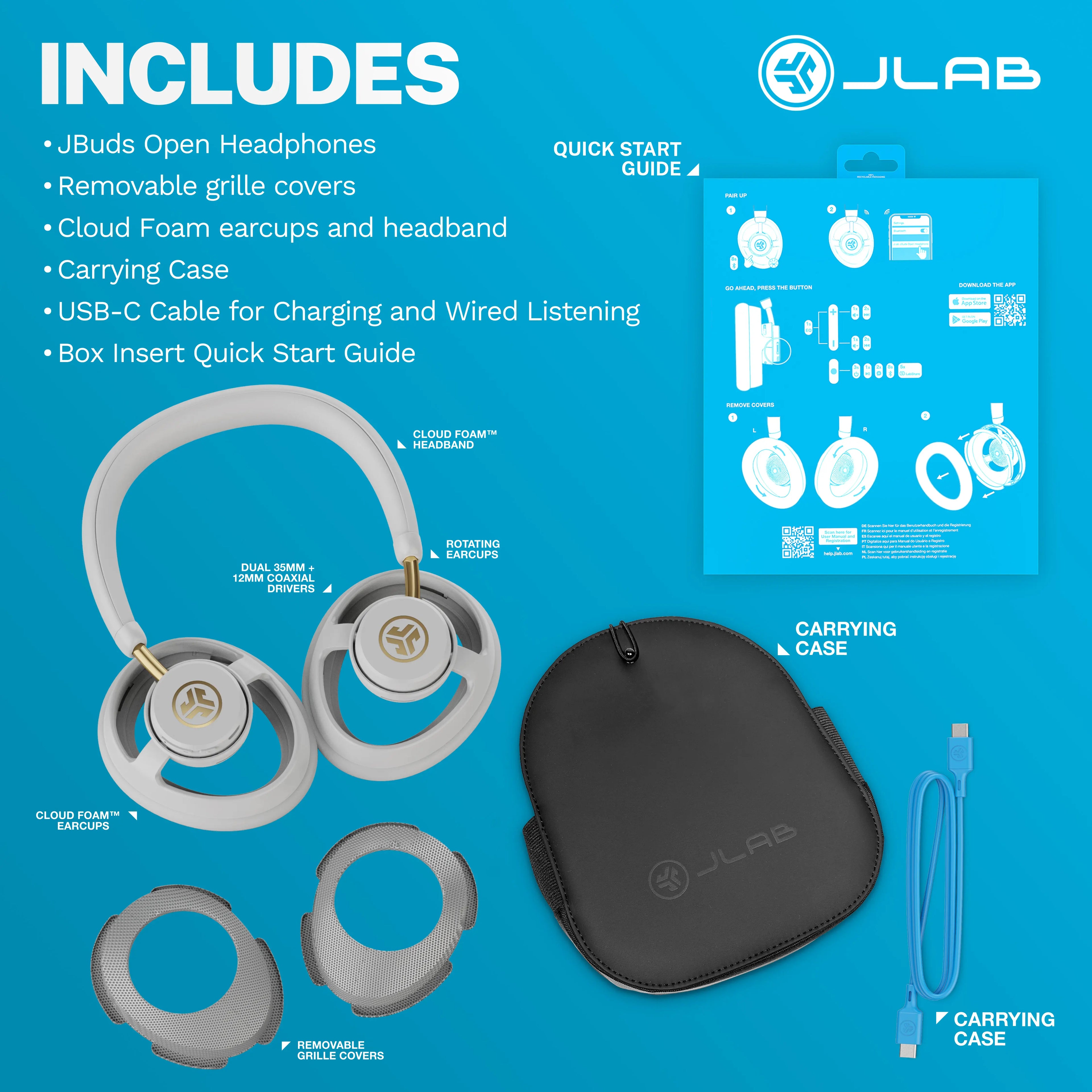 JLab JBuds Open-Ear Wireless Headphones: 24 Hours Playtime, Dual Coaxial Drivers, Bluetooth 6.0, Headphone Case, Noise-Canceling Microphones, and Custom Sound via JLab App