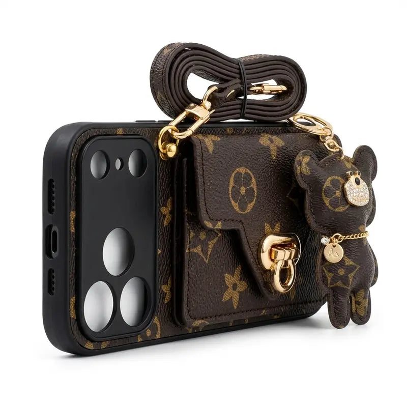 Chic Luxury Phone Wallet Case for iPhone 17 Pro Max - Stylish Brown Bear Keychain & Convenient Shoulder Strap for Fashion-Forward Women