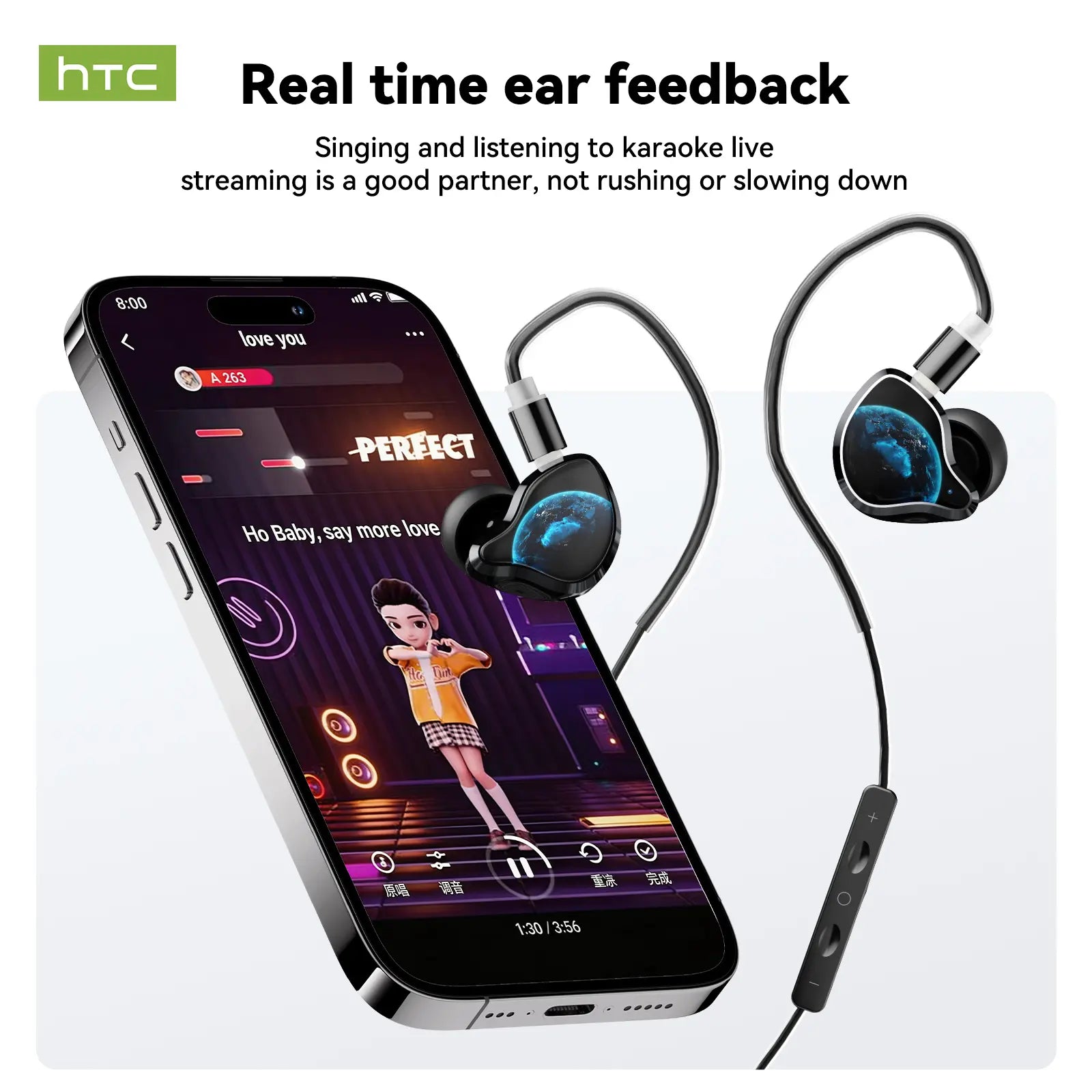HTC NE81 3-In-1 Bluetooth Earphones: In-Ear & Ear-Hook Wireless Headset with Wired Voice Control for Singing and Live Streaming, Voice Changer, and Hi-Fi Sound Quality, Lightweight and Portable Design